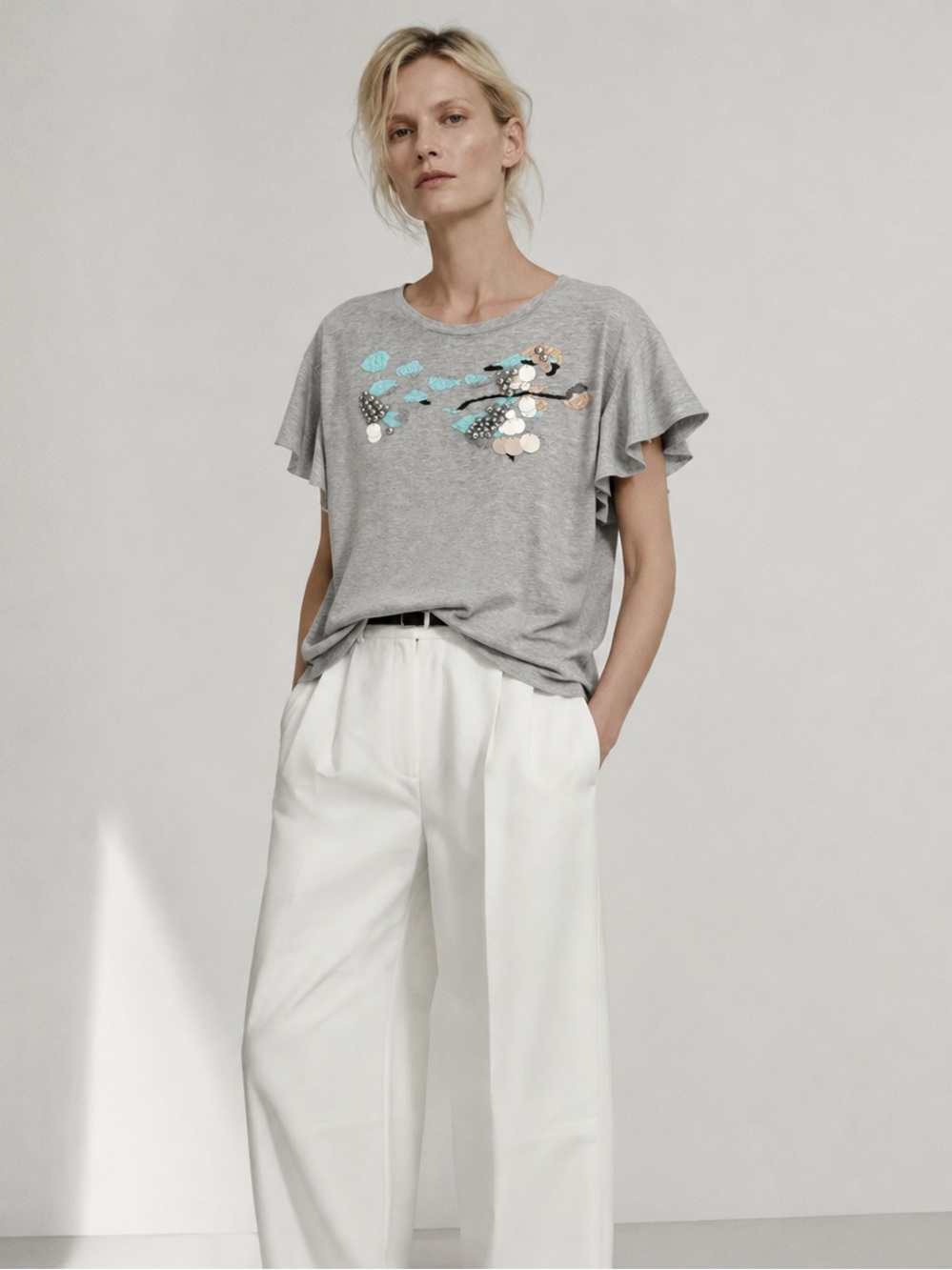 Tibi beaded embellishment grey flutter sleeve top L